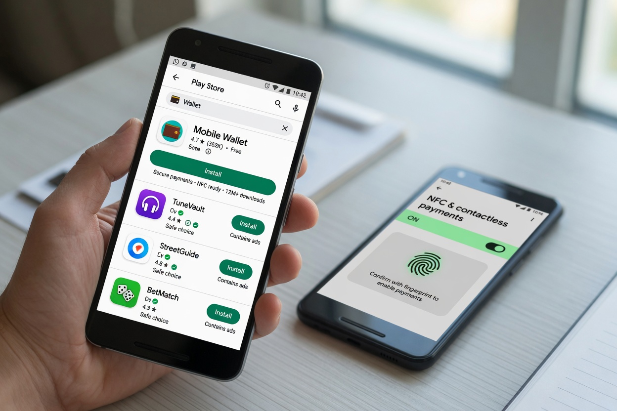 Фотография: в руке смартфон Android с экраном Google Play и результатами поиска Wallet —